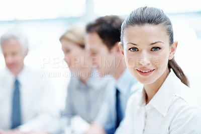 Buy stock photo Office, meeting and businesswoman with pride, wealth management and ambition with career development. Corporate, portrait and happy person with team, investment banking and business growth in Canada