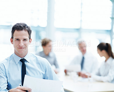 Buy stock photo Smile, business and man in meeting with document for accounting, finance and auditor. Portrait, person and accountant team with investment paperwork, bookkeeping professional or career in office