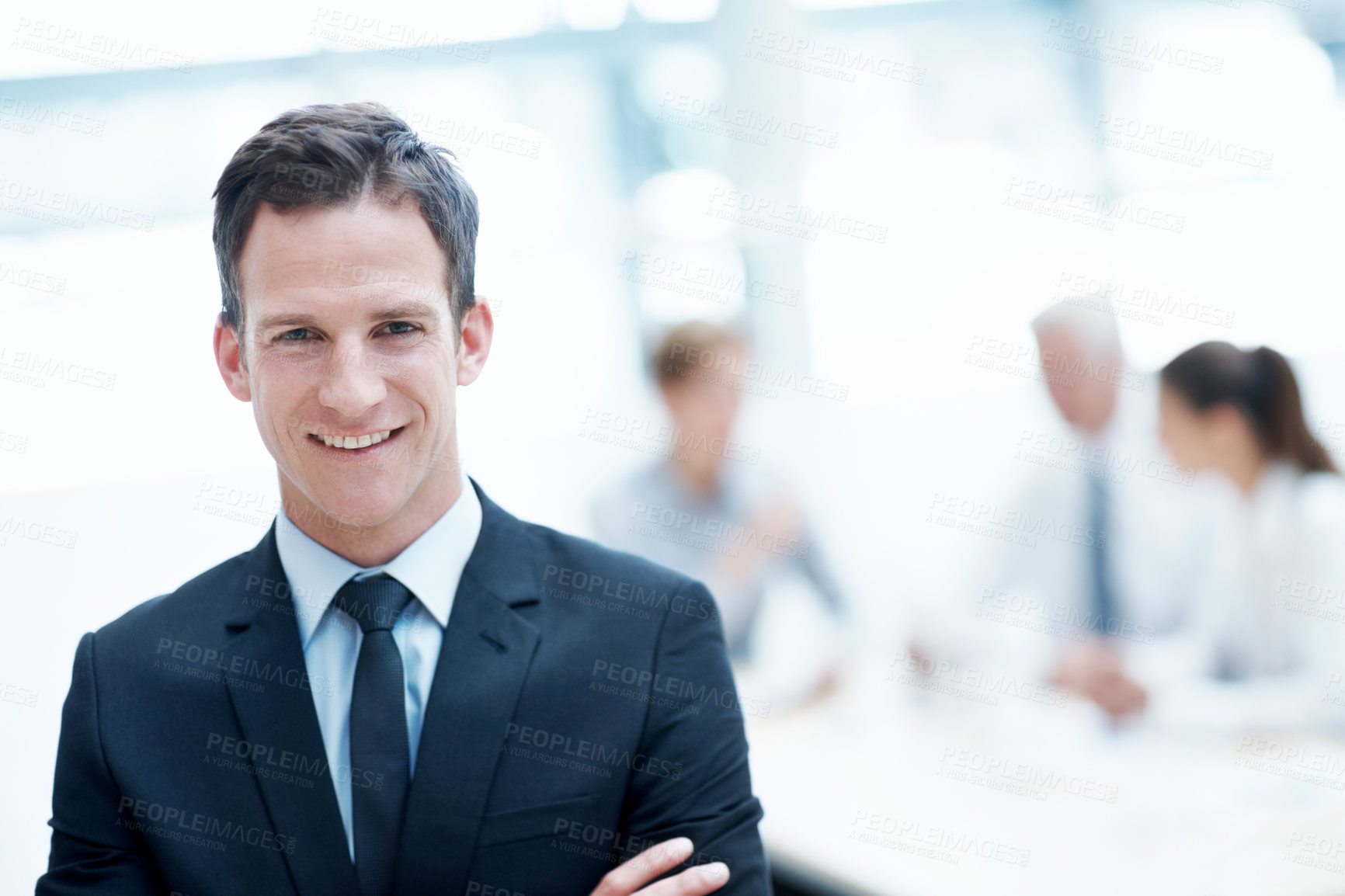 Buy stock photo Portrait, confidence and happy man in office for accounting, finance and auditor in meeting. Smile, person and accountant team in company for investment, bookkeeping professional and career growth