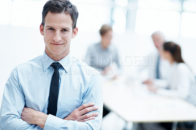 Buy stock photo Happy, leader and businessman with arms crossed in meeting, wealth management and career development. Corporate, portrait and person with smile, investment banking and business growth in Canada