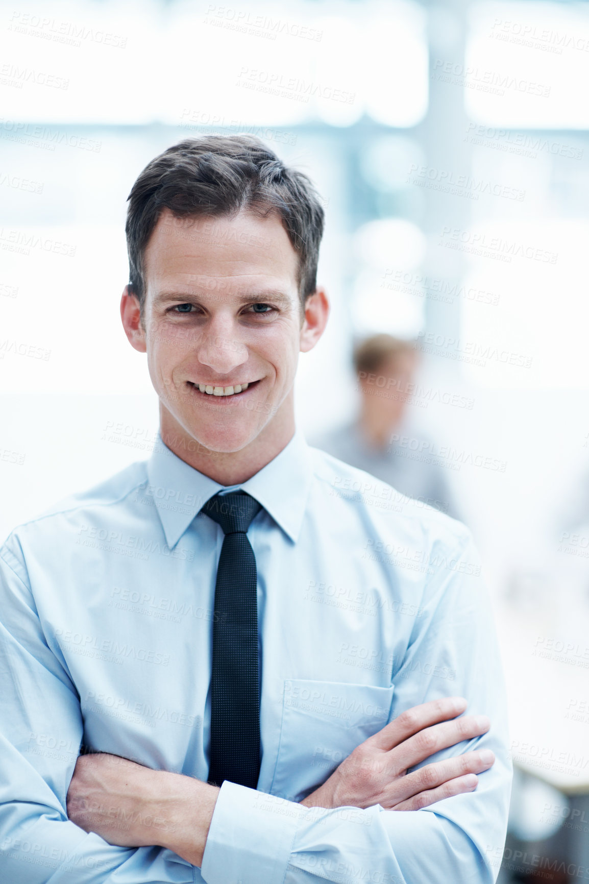 Buy stock photo Leader, smile and businessman with arms crossed in office, wealth management and career development. Corporate, portrait and happy person with pride, investment banking and business growth in Canada