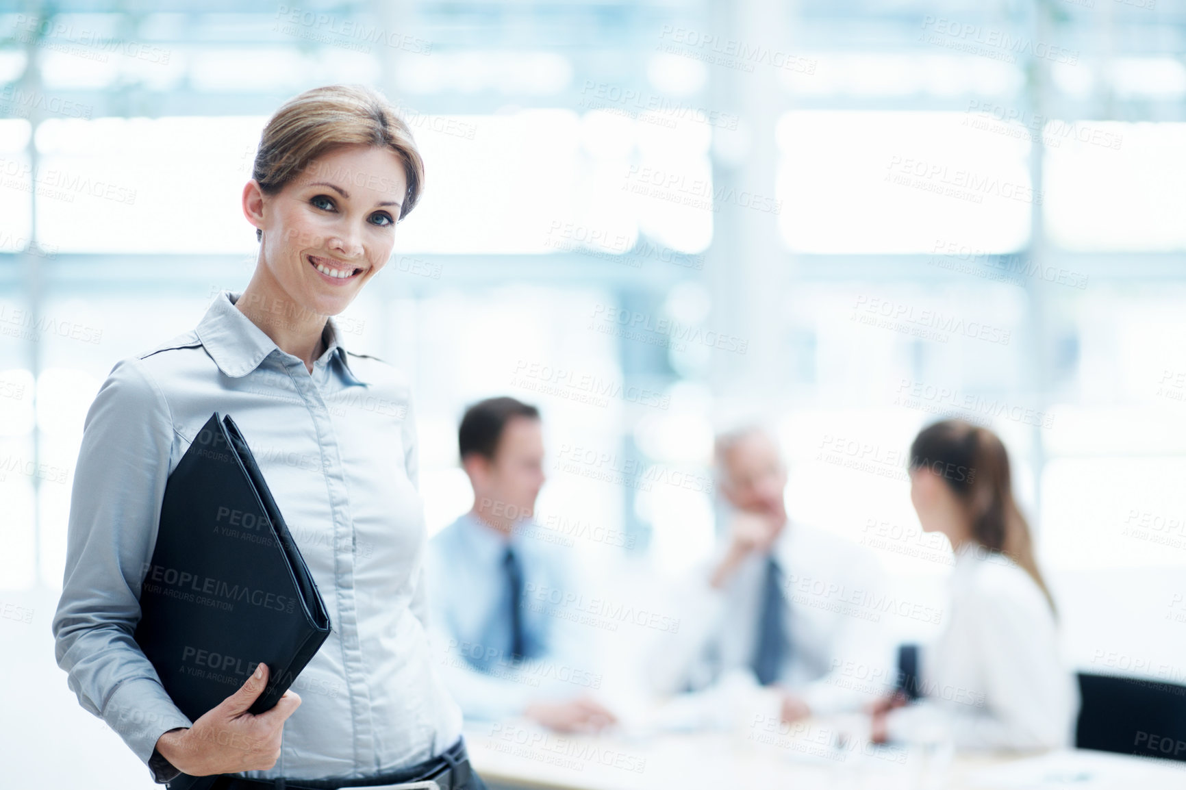 Buy stock photo Portrait, business and happy woman in meeting with folder for accounting, finance and auditor. Team, person and accountant in office for investment, bookkeeping professional and career growth