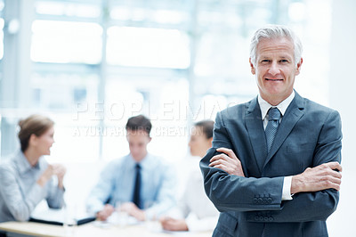 Buy stock photo Portrait, leadership and businessman with arms crossed in office, wealth management or career growth. Corporate, meeting and mature person with smile, investment banking and business development