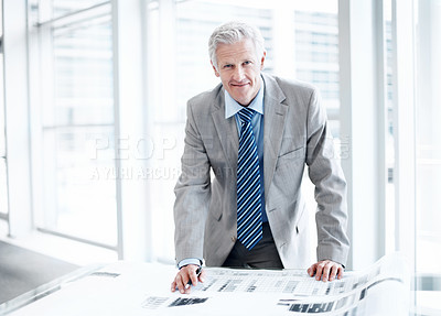 Buy stock photo Documents, happy and portrait of businessman in office with confidence for career in finance management. Paperwork, smile and mature financial advisor with pride for company about us in workplace.
