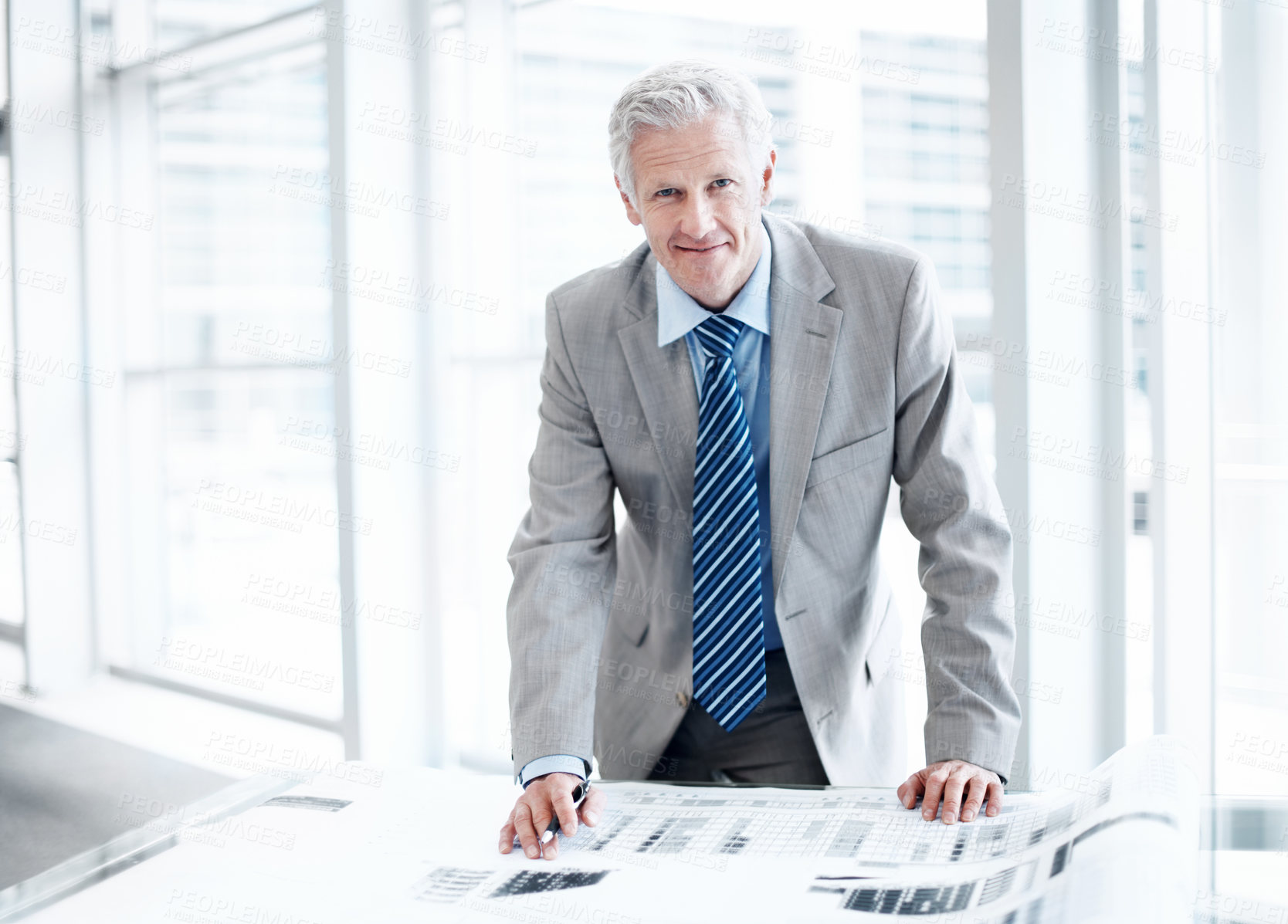 Buy stock photo Documents, happy and portrait of businessman in office with confidence for career in finance management. Paperwork, smile and mature financial advisor with pride for company about us in workplace.