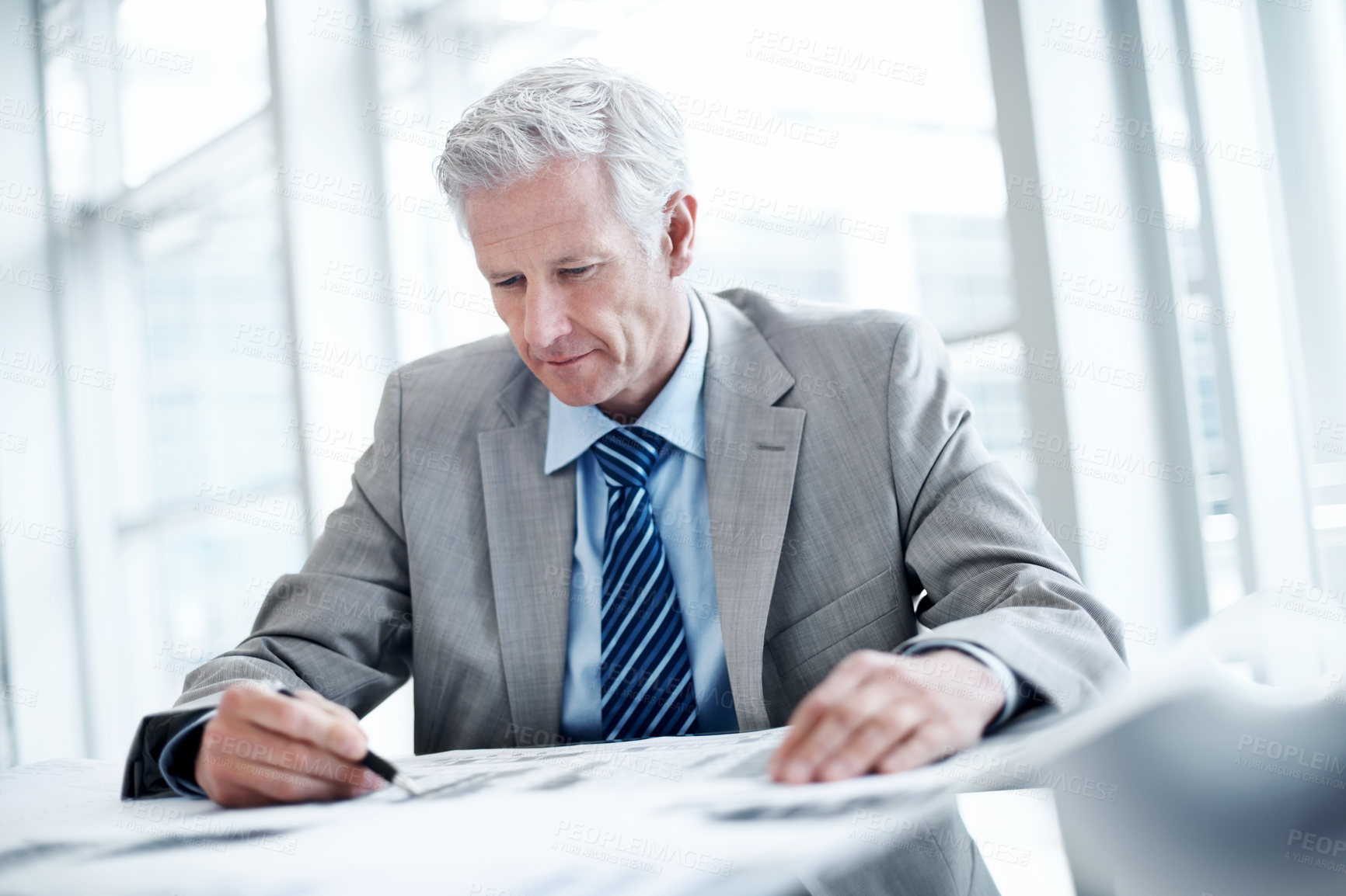 Buy stock photo Businessman, writing and document in office with data analysis, budget report and finance management. Mature person, accounting and paperwork in firm with stats notes, graphs and financial planning.