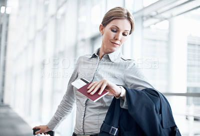 Buy stock photo Airport, waiting and business woman with wrist watch for schedule, travel delay or commute. Professional, terminal and person with suitcase, ticket and check time for departure, boarding or work trip