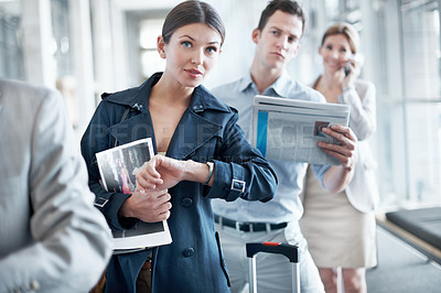 Buy stock photo Woman, airport and time in queue for travel delay, business trip and global journey with group. People, international flight or person with watch, schedule or waiting in line with late passenger