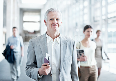 Buy stock photo Airport, walking and business man with ticket for work trip, commute and travel for global convention. Professional, happy and people in lobby with boarding pass for departure, journey and conference