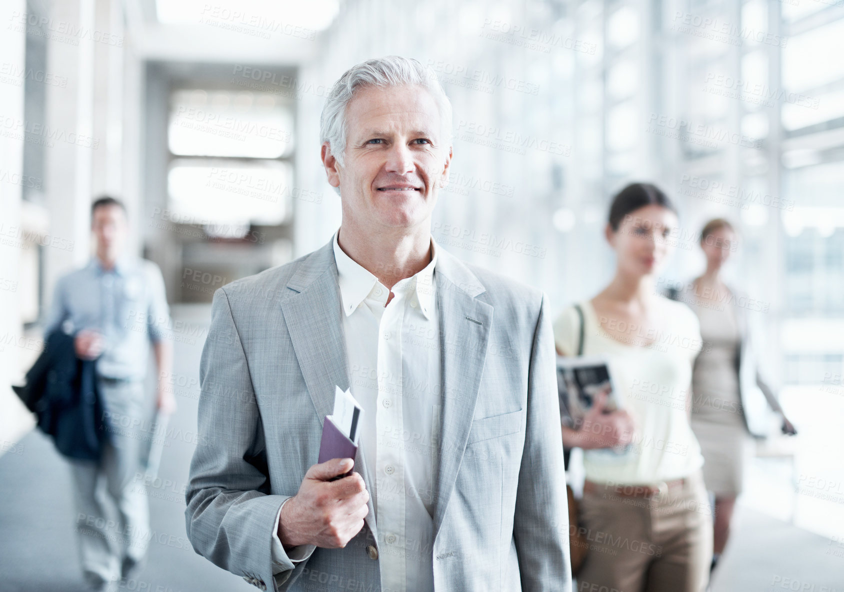 Buy stock photo Airport, walking and business man with ticket for work trip, commute and travel for global convention. Professional, happy and people in lobby with boarding pass for departure, journey and conference