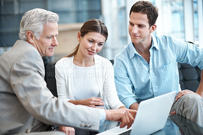 Buy stock photo Businessman, laptop or finance advice with couple in office for helpful guide or budget planning. Man, woman or listening to financial advisor on computer for assistance, tax or expenses in workplace