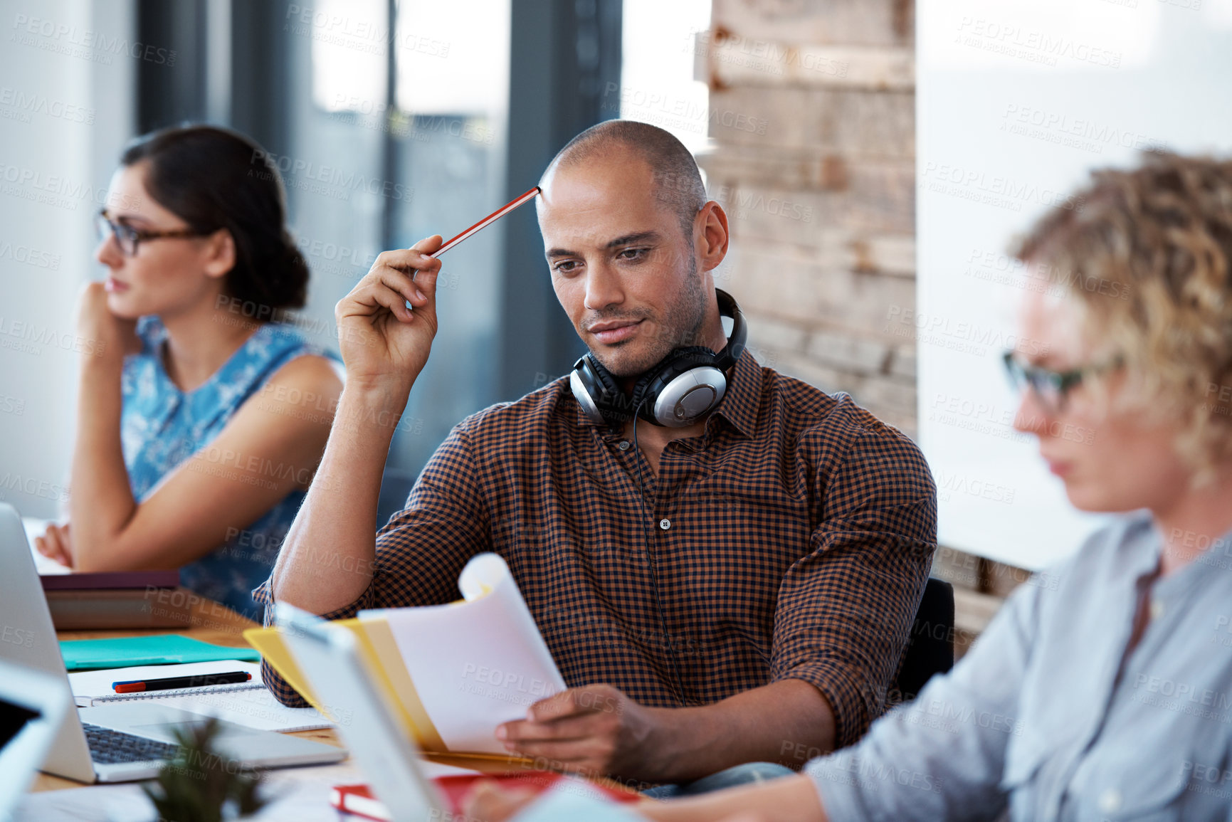 Buy stock photo Document, reading and research with business people in office for project manager, performance report or team. Planning, advisor and startup with employees in agency for mentor, meeting and review
