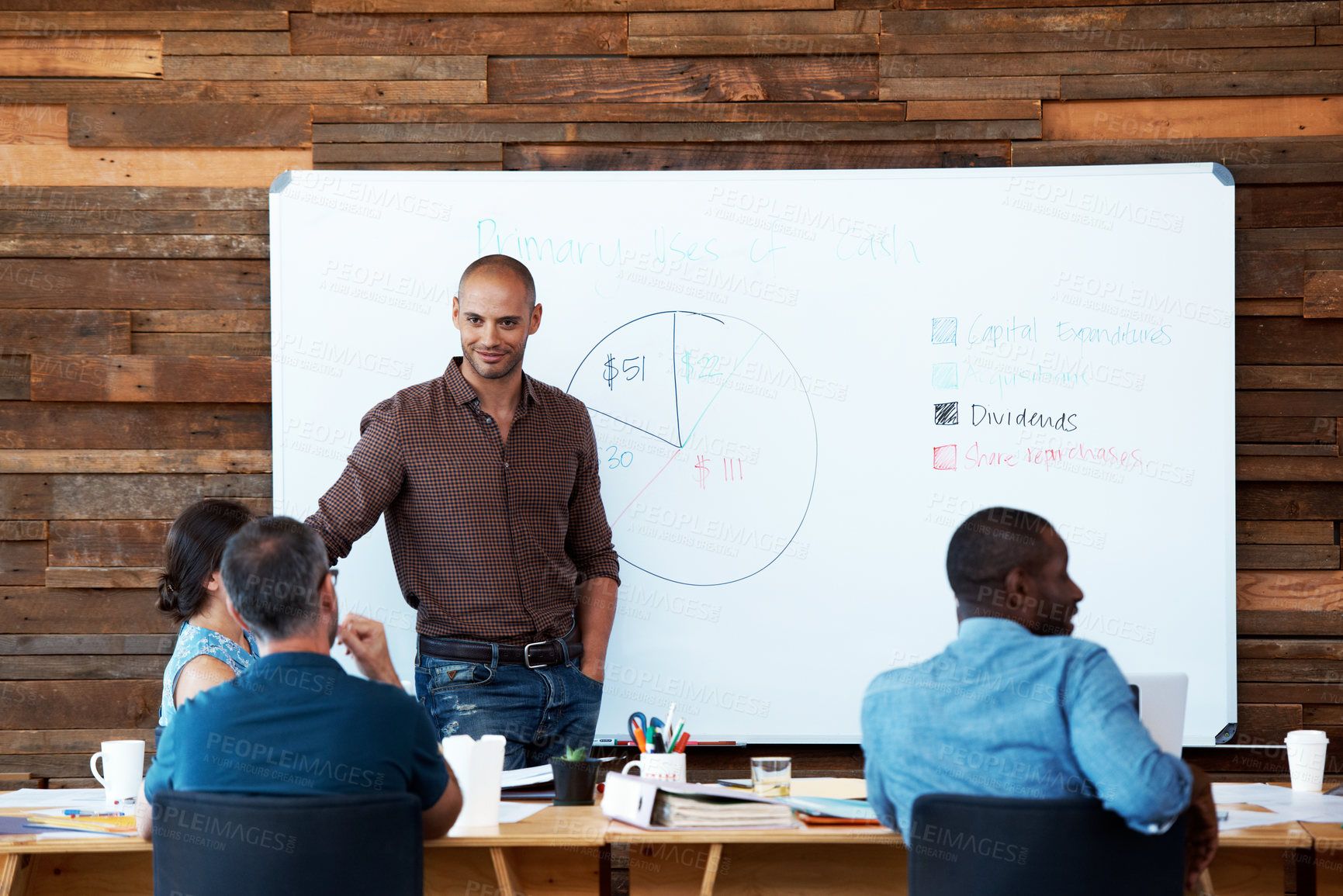 Buy stock photo Presentation, discussion and businessman with team in office for finance report on company revenue. Meeting, feedback and manager with financial advisors for investment planning in workplace.