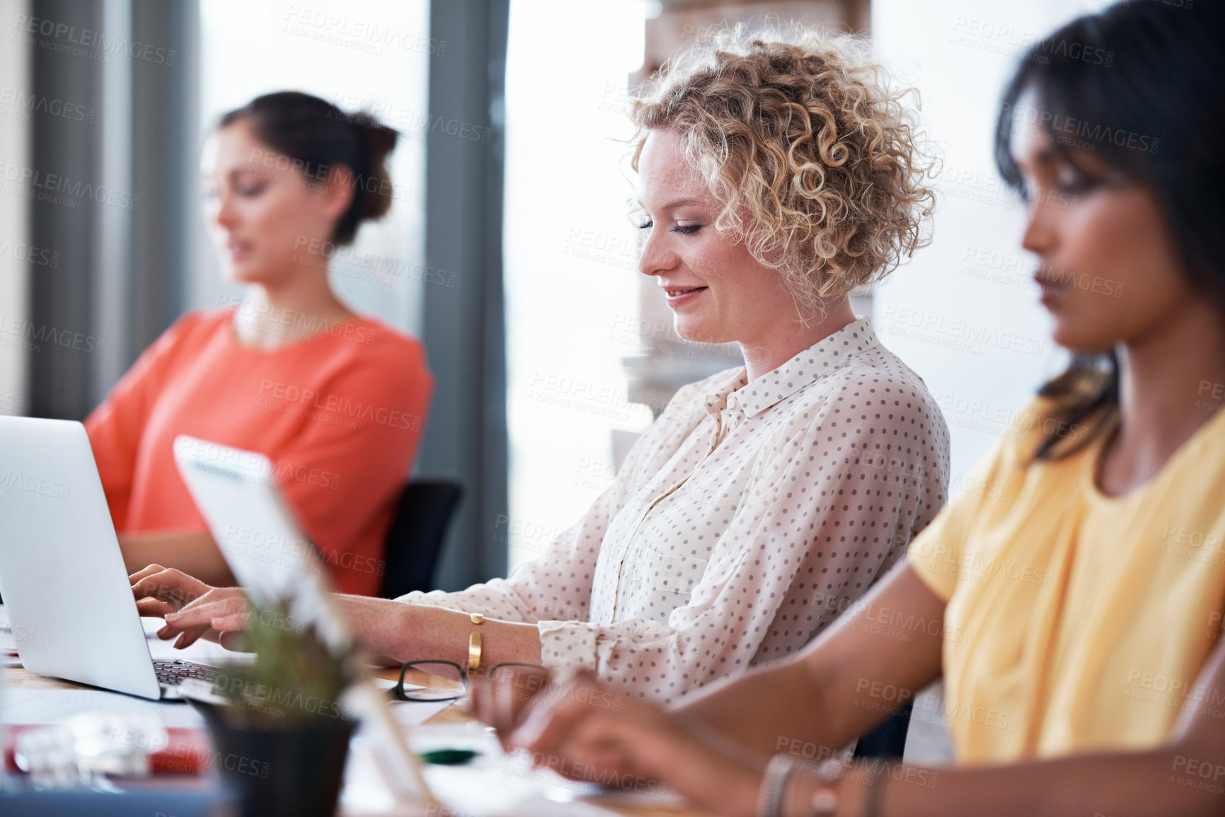 Buy stock photo Laptop, typing and team with business woman in office for campaign research, planning and project. Branding review, target audience report and online marketing with employees in agency for meeting