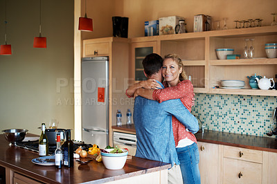 Buy stock photo Cropped portrait of a couple cooking in the kitchen