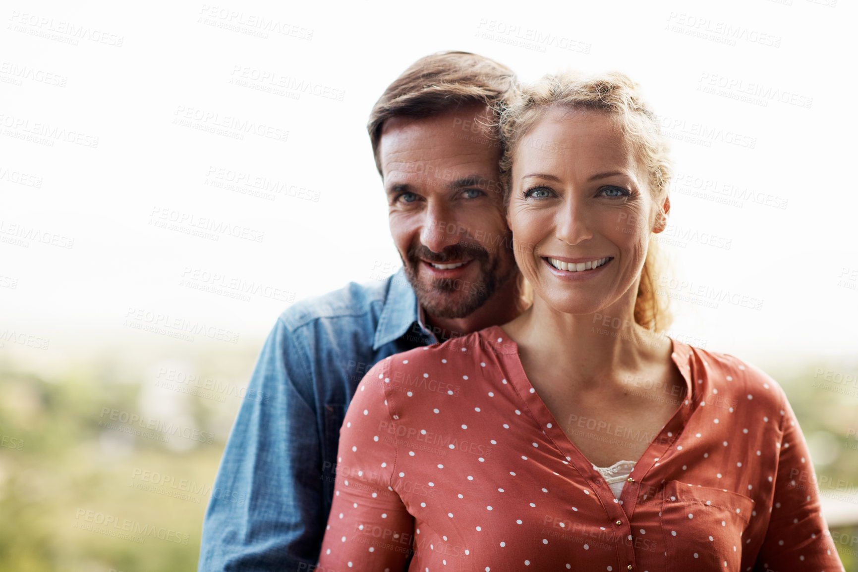 Buy stock photo Smile, travel and portrait of couple in nature for weekend break, bonding and marriage connection. Peace, anniversary holiday and wellness with man and woman outdoor for commitment and vacation