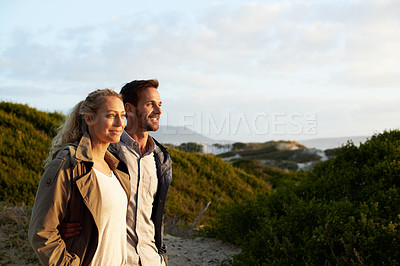 Buy stock photo Cropped shot of an affectionate couple standing outdoors