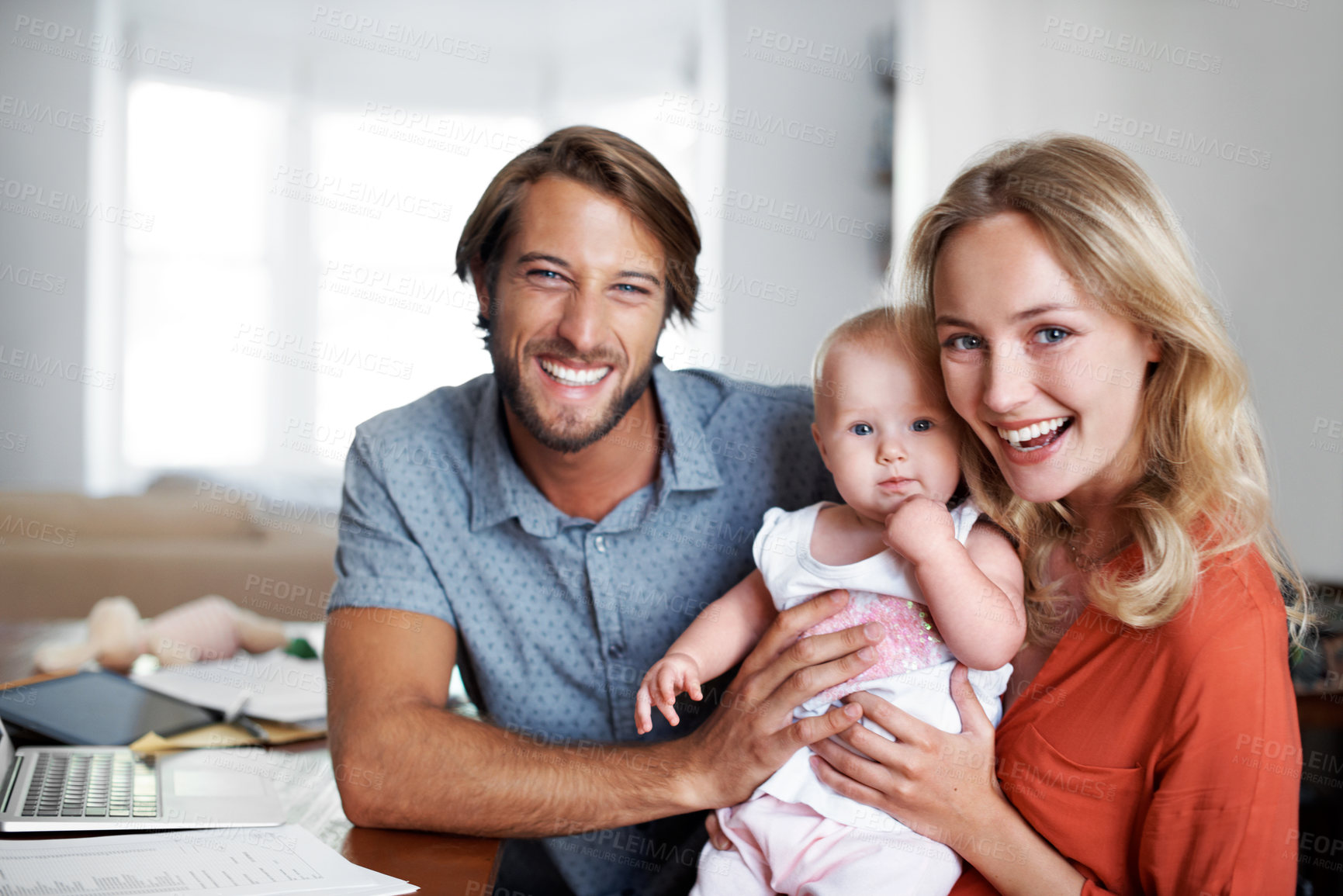 Buy stock photo Baby, growth and portrait of parents in home together for bonding, child development or security. Proud, safety and smile of happy family in apartment for future, relationship or responsibility