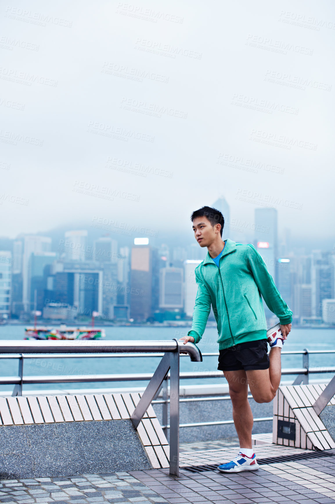Buy stock photo Fitness, thinking and Asian man in city stretching for exercise, workout and runner challenge. Sports, space and person warm up for training, muscle wellness and active for health in Hong Kong