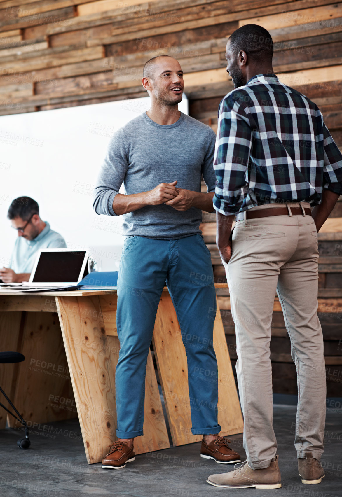 Buy stock photo Smile, team and talking with business people in office for workshop, branding advice and planning. Campaign manager, partnership and brainstorming with employees in agency for discussion and startup