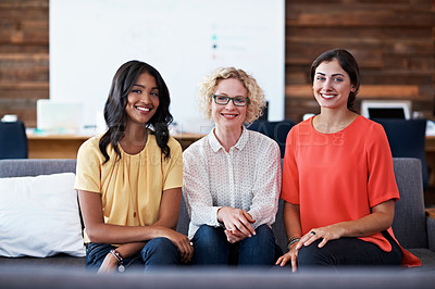 Buy stock photo Cropped portrait of three businesswomen in the office