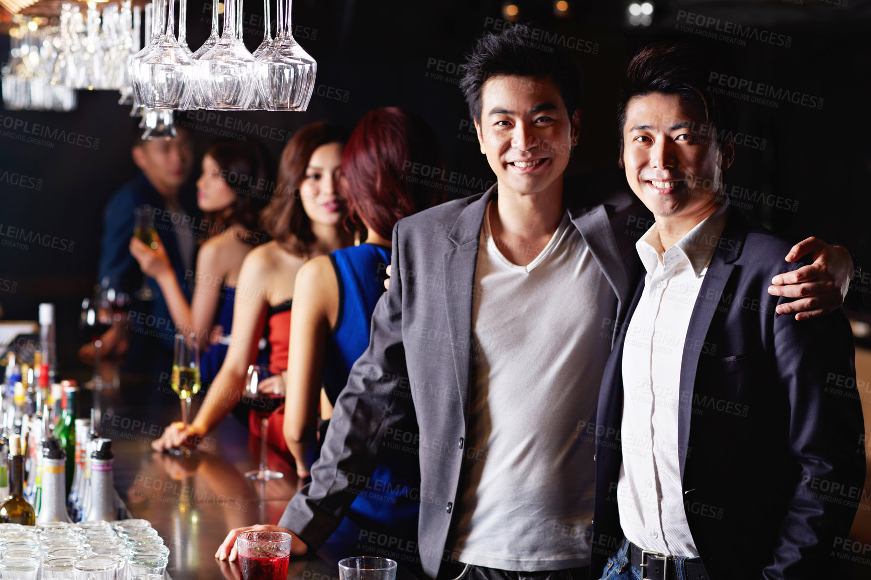 Buy stock photo Smile, portrait and drink with friends at club for celebration, weekend break and social gathering. Alcohol, bonding and party with asian people at night for new years eve event, pub and culture