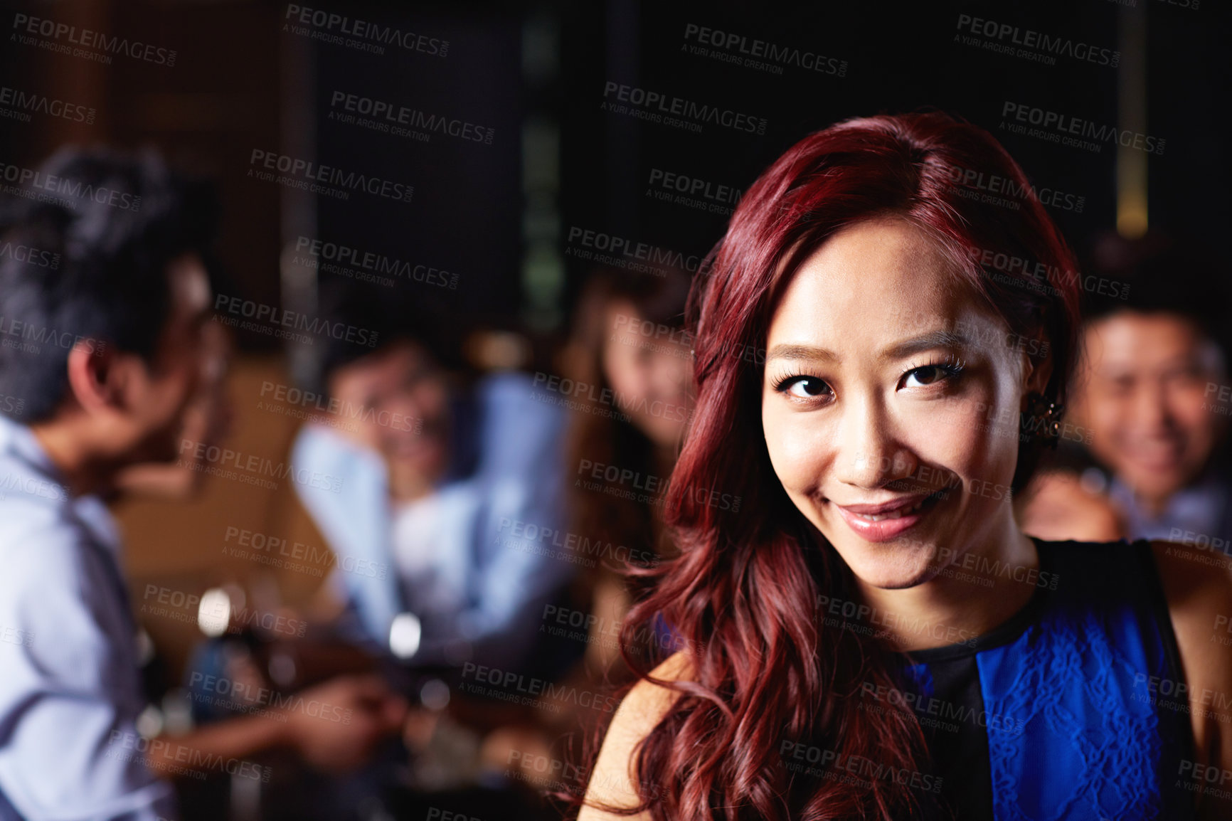 Buy stock photo Smile, party and portrait of asian woman at club for social gathering, music festival and event. Celebration, weekend break and mixer with person at night for new years eve, disco and concert