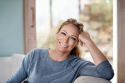 Buy stock photo Portrait of beautiful woman relaxing at home