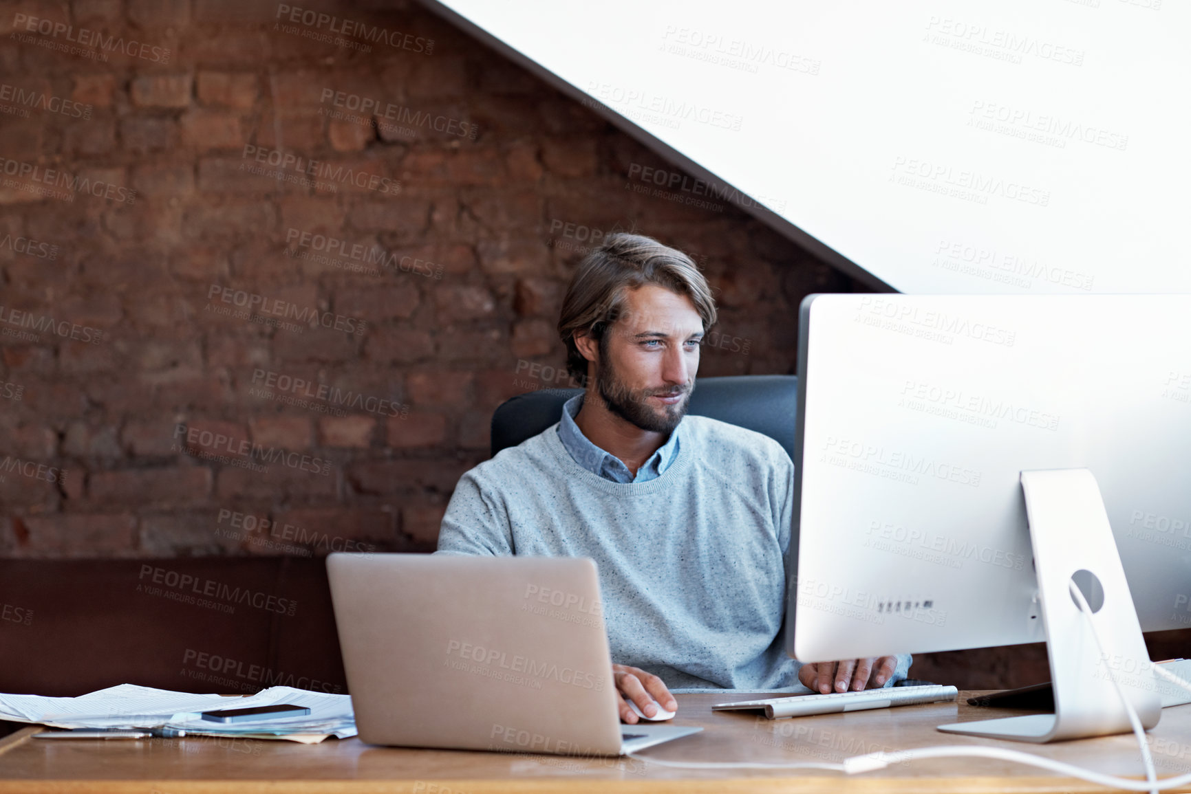 Buy stock photo Man, computer and remote work in home office, reading or  review research for programming. WFH, software development and male programmer with laptop, smile for IT and cybersecurity with internet