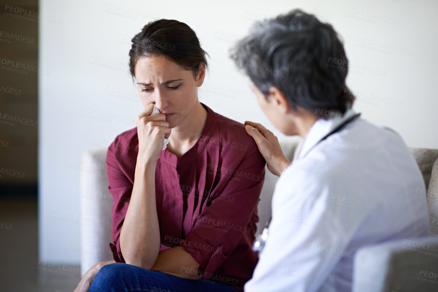 Buy stock photo Crying, woman and doctor support in waiting room for bad news, terminal prognosis and empathy. Worker, sad person and emotional comfort in hospital for serious diagnosis, compassion or patient loss