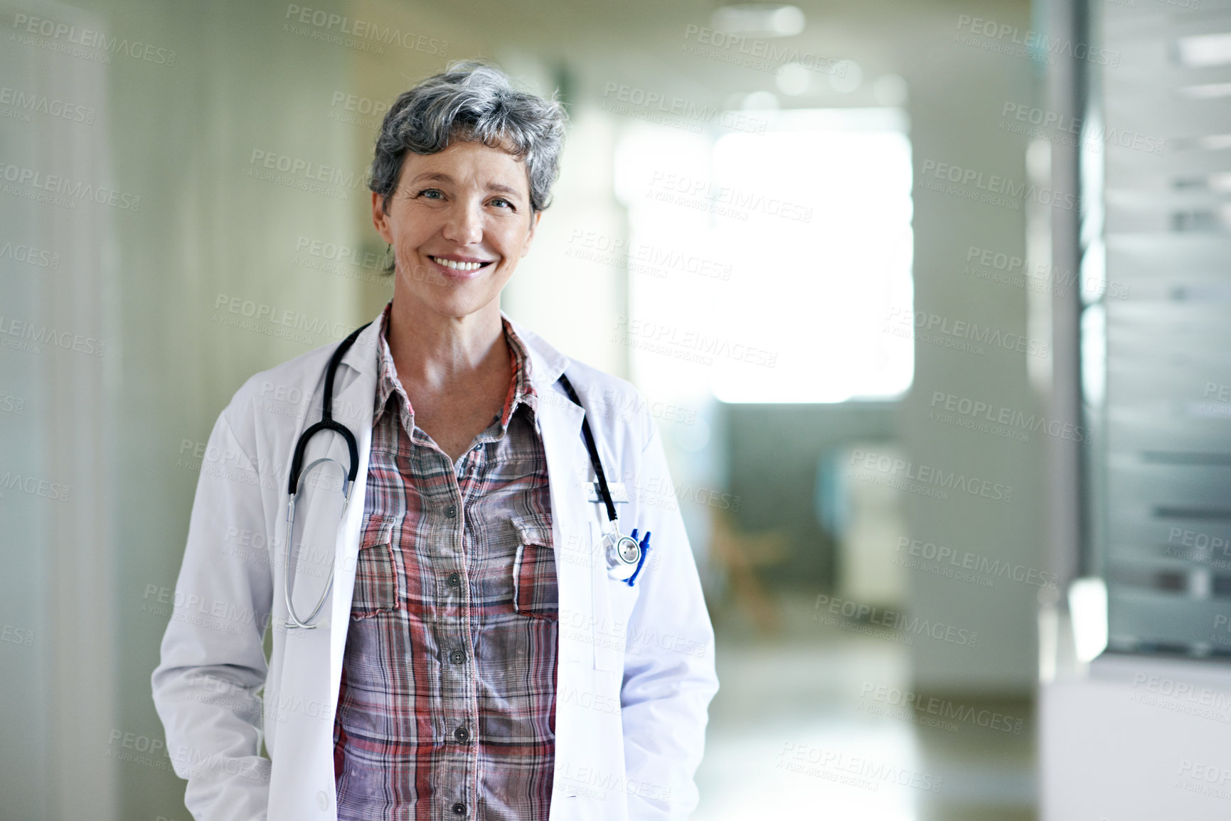 Buy stock photo Smile, woman and portrait of doctor in hospital for medical advice, about us and gp consultant. Confidence, healthcare expert and space with mature person in clinic for cardiology specialist