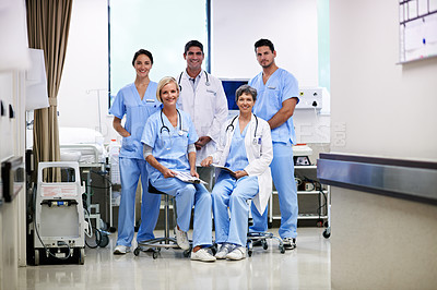 Buy stock photo Portrait of successful team of doctors in a hospital