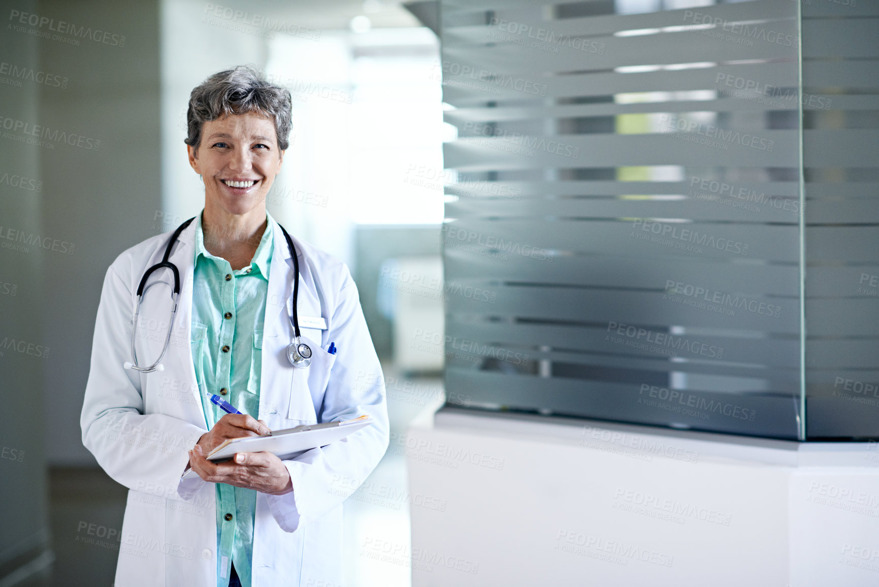 Buy stock photo Clipboard, portrait and doctor in hospital lobby for writing report, medical service and wellness. Happy, documents and woman in clinic for health support, insurance and mature for about us.