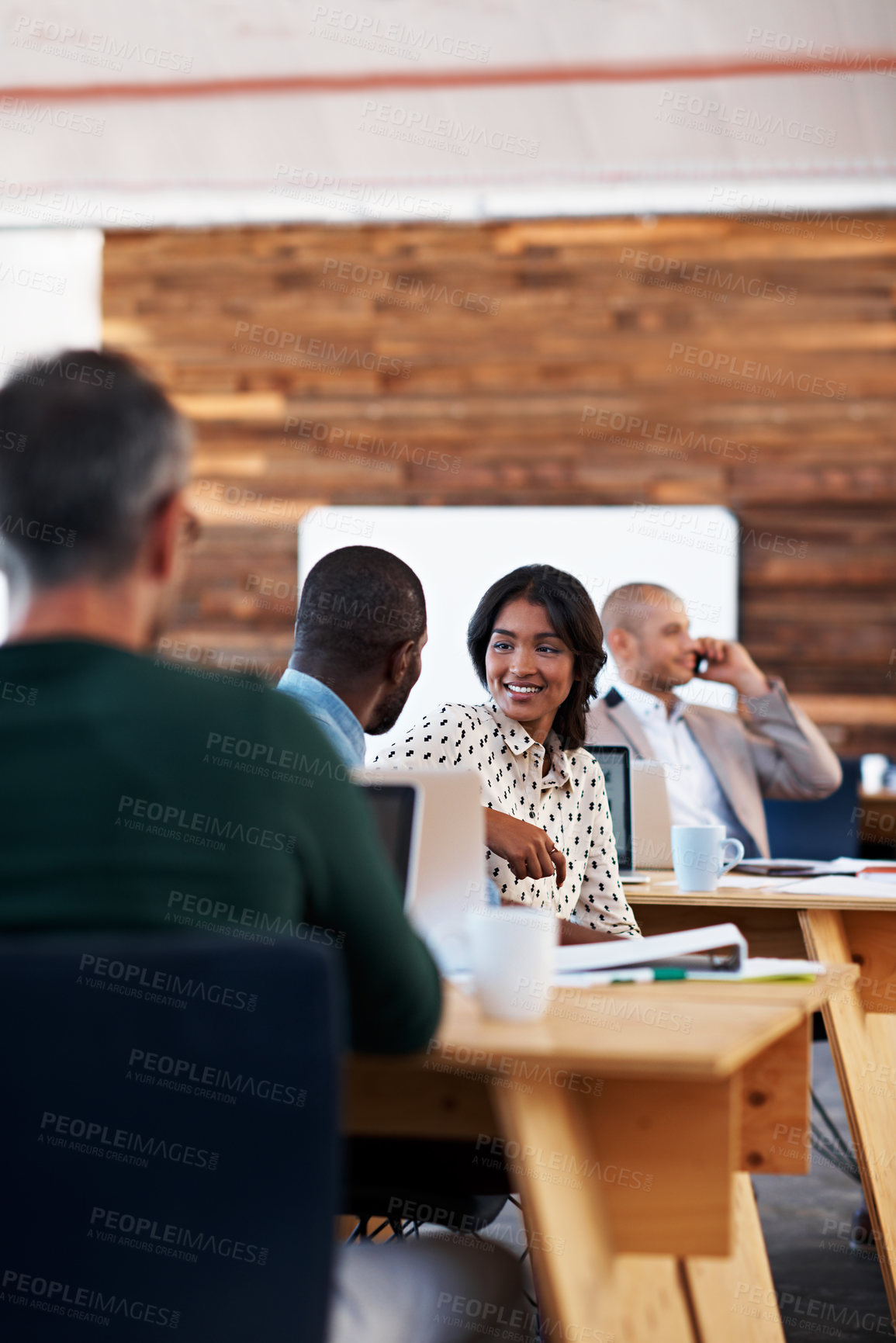 Buy stock photo Business woman, team and coworking office with smile, support and help with creative project. Happy person, coworker and advice, guidance or share ideas with feedback in communication at startup
