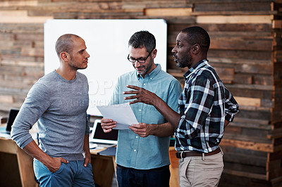 Buy stock photo Cropped shot of three businessmen in an office