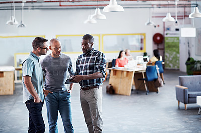 Buy stock photo Cropped shot of three businessmen in an office