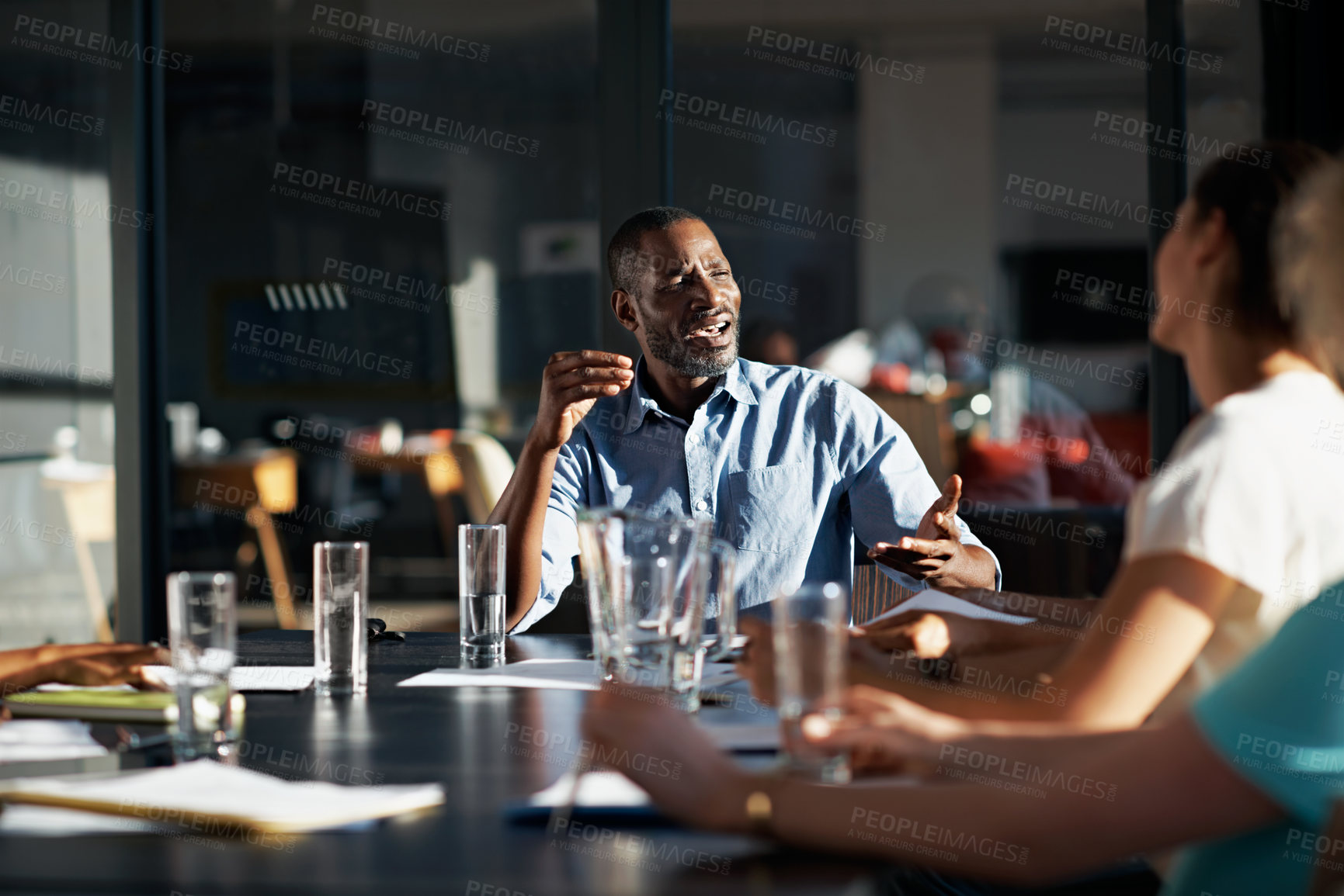 Buy stock photo Advice, planning and talk with business man in meeting for idea, support and marketing campaign.Team, engagement review and target audience with employees for branding project and discussion