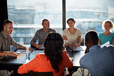 Buy stock photo Cropped shot of a business meeting in progress