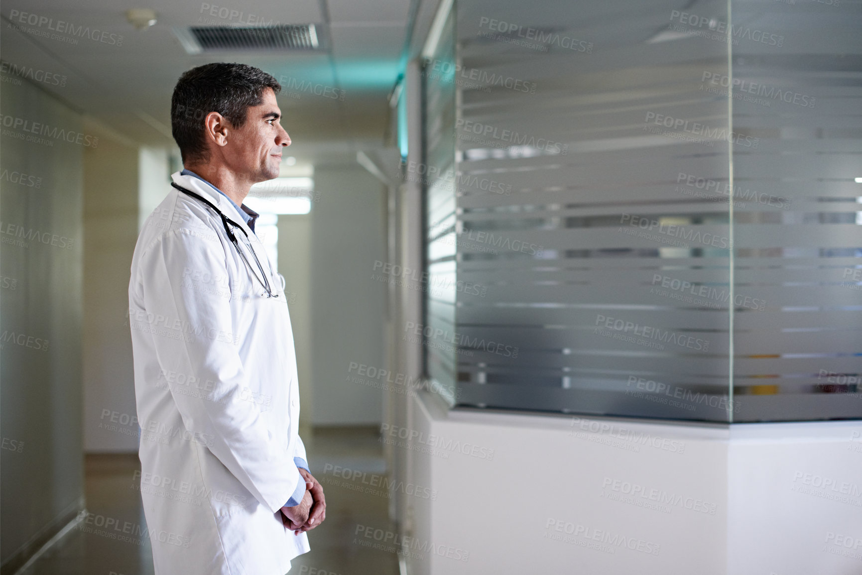 Buy stock photo Thinking, planning and medical with doctor in hospital for reflection, vision or treatment idea. Healthcare brainstorming, problem solving and solution with man in clinic for decision and perspective