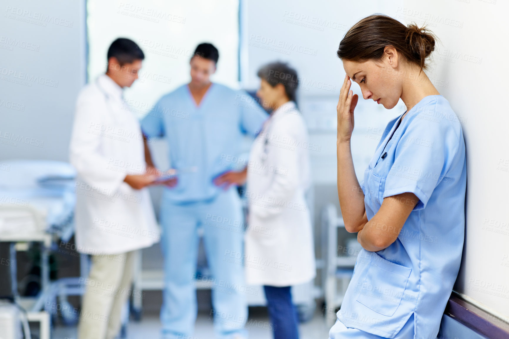 Buy stock photo Stress, woman and nurse thinking in clinic, tired and medical burnout with shift trauma. Hospital, surgeon and person with reflection for work pressure, fail and healthcare challenge with team