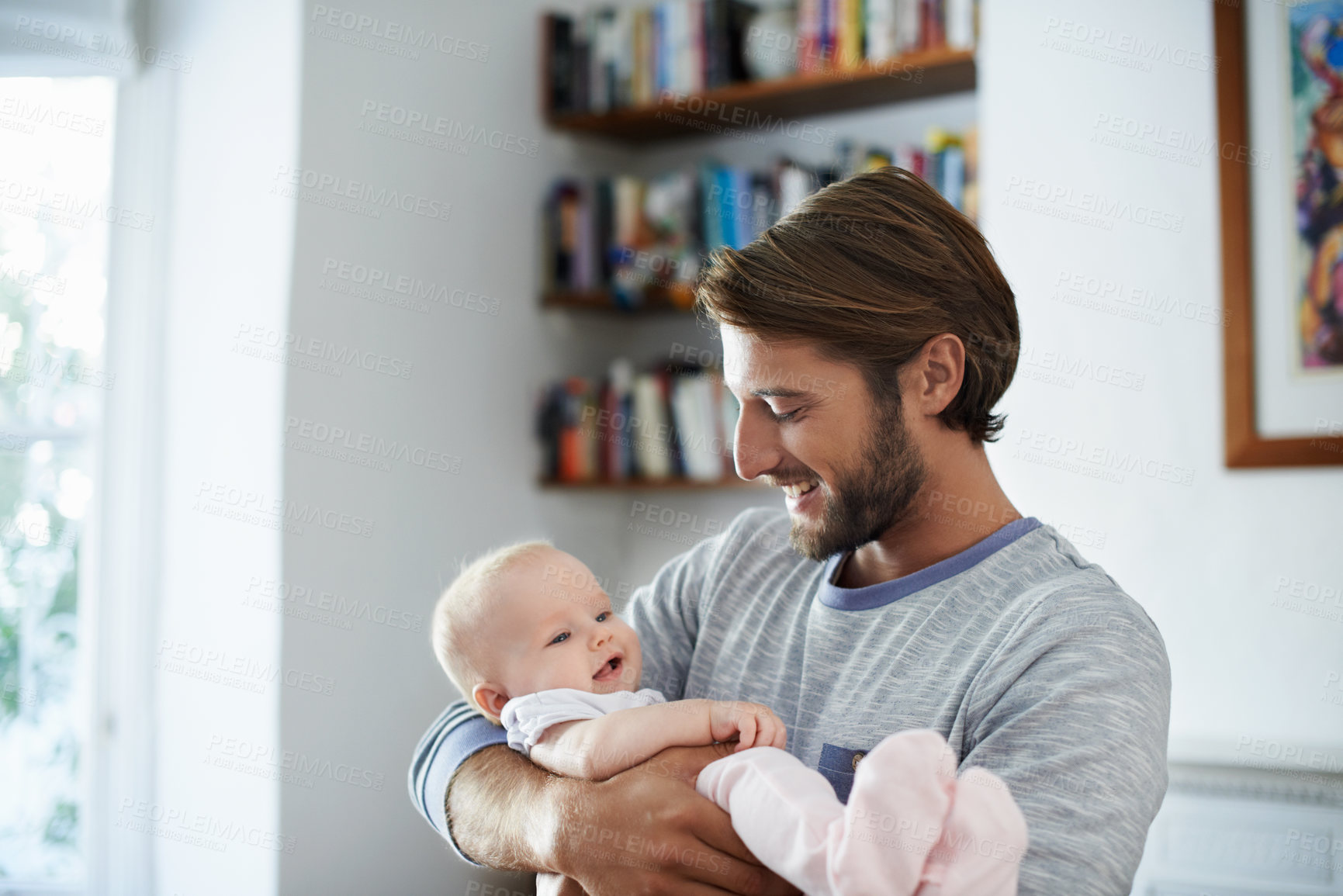 Buy stock photo Love, dad and baby in house with smile, family connection and bonding together for child growth. Security, childcare or person in home with infant, parenthood or happy moment in childhood development