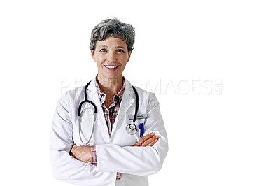 Buy stock photo Studio portrait of a female doctor isolated on white
