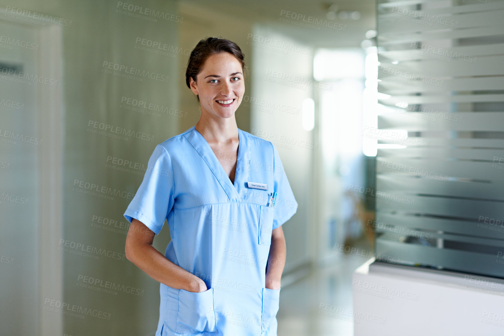 Buy stock photo Medical, nurse and portrait of woman in hospital for smile, physician consultant and about us. Happy, healthcare employee and pride with person in clinic for confidence, career and opportunity