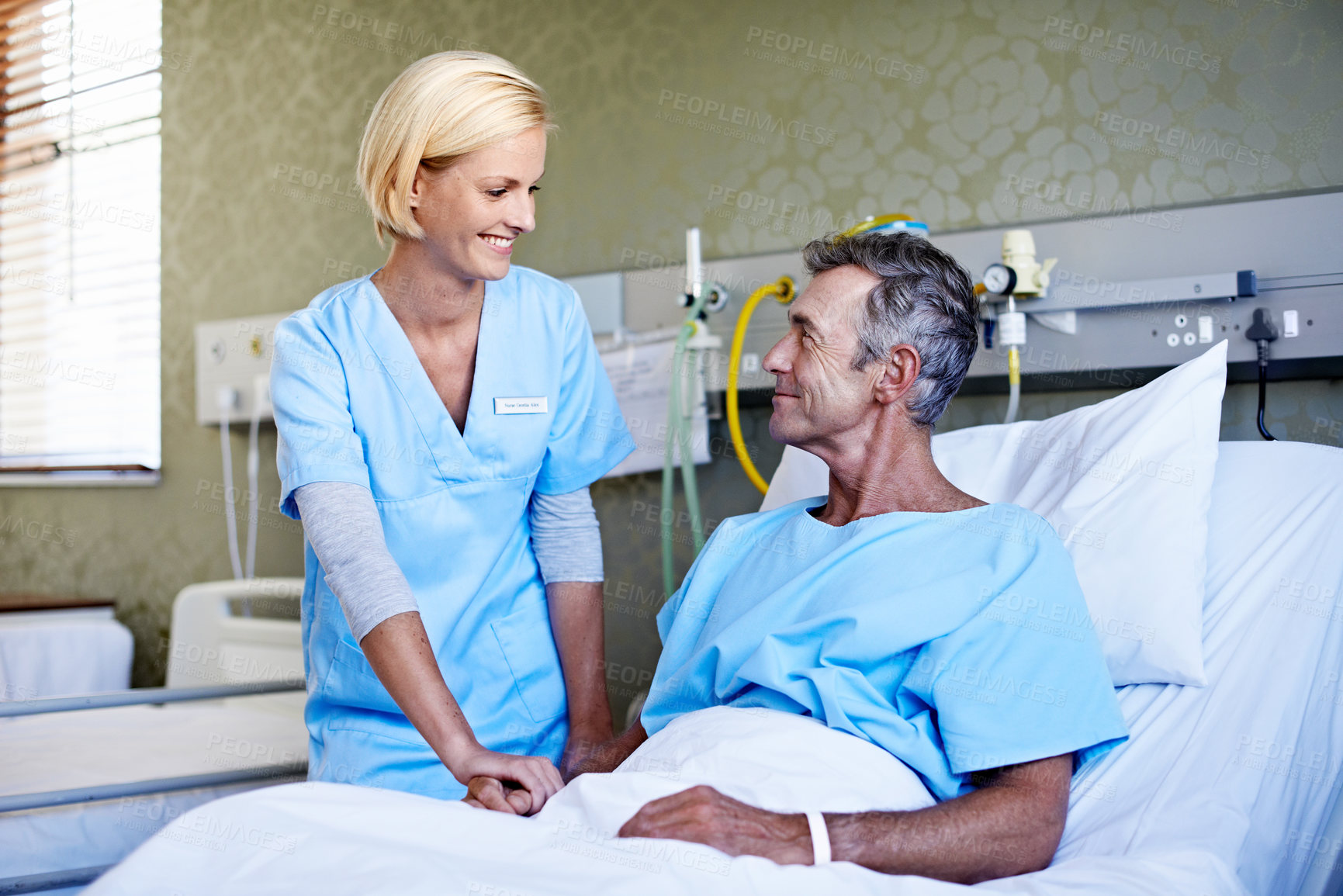 Buy stock photo Nurse, happy and healthcare with patient in hospital for checkup, surgery update and evaluation. Medical feedback, treatment plan and vitals exam with people in clinic for consulting and support