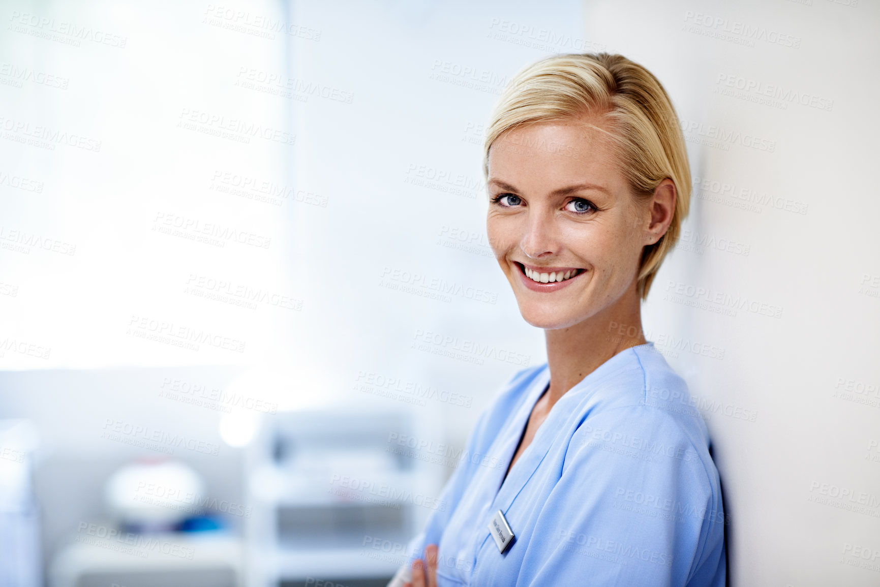 Buy stock photo Smile, nurse and portrait of woman in hospital for medical advice, physician consultant and about us. Happy, healthcare employee and pride with person in clinic for space, career and opportunity