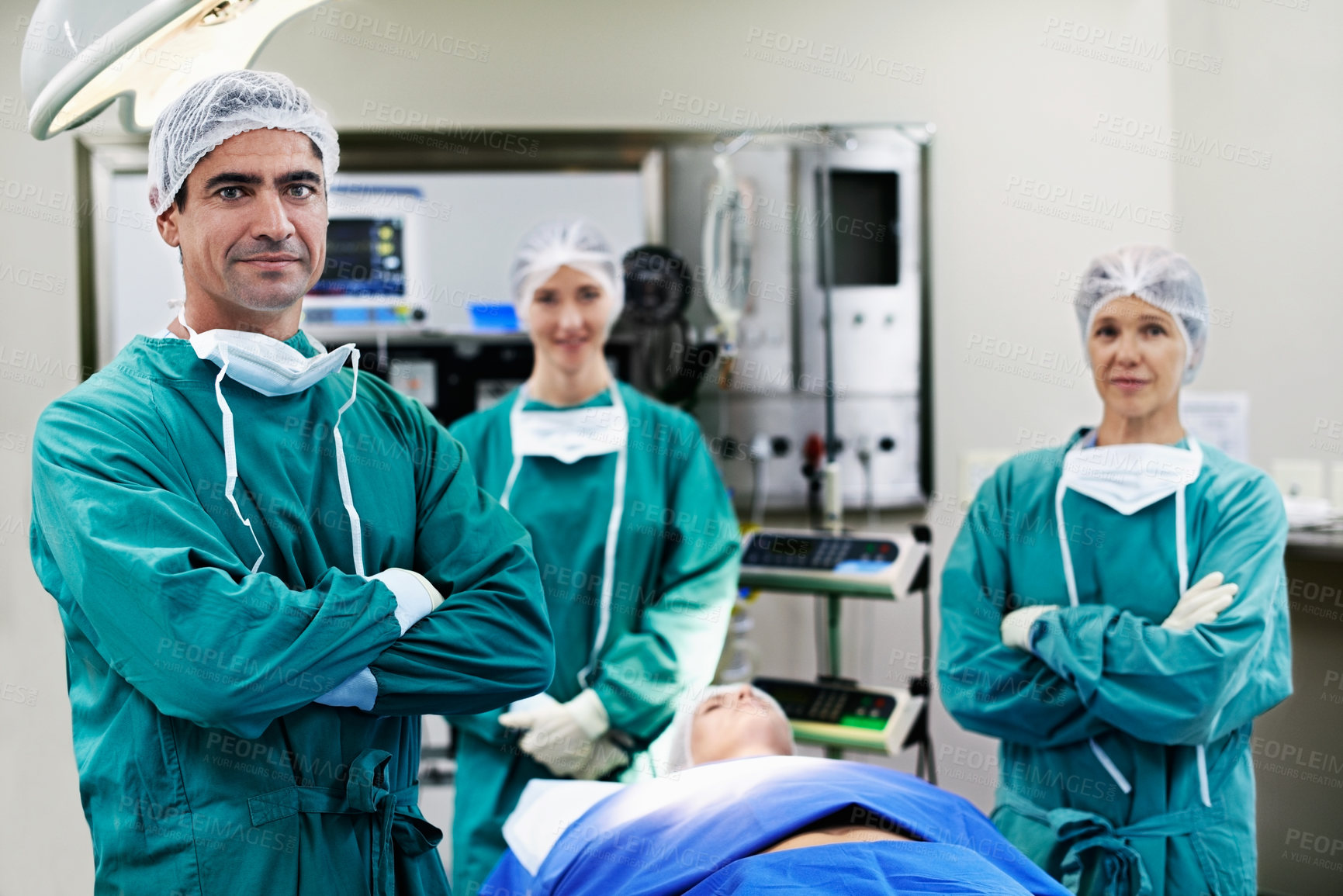 Buy stock photo Team, surgeons and arms crossed with portrait of doctors in ICU for surgery, healthcare or procedure. Medical professional, confidence and collaboration for theatre, emergency care and hospital