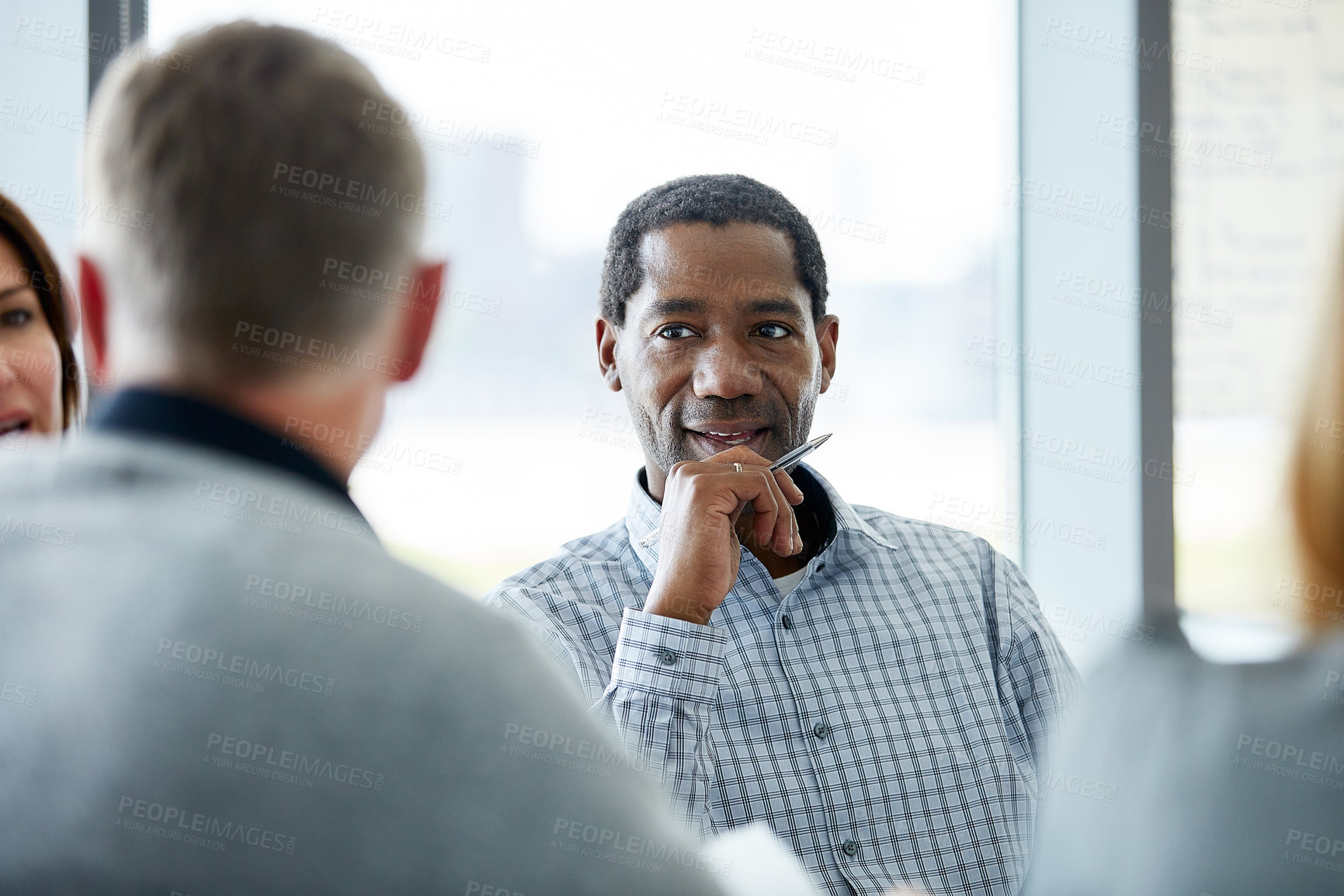 Buy stock photo Meeting, professional and businessman in office with planning for finance report with revenue growth. Smile, collaboration and financial team with feedback on investment proposal in workplace.