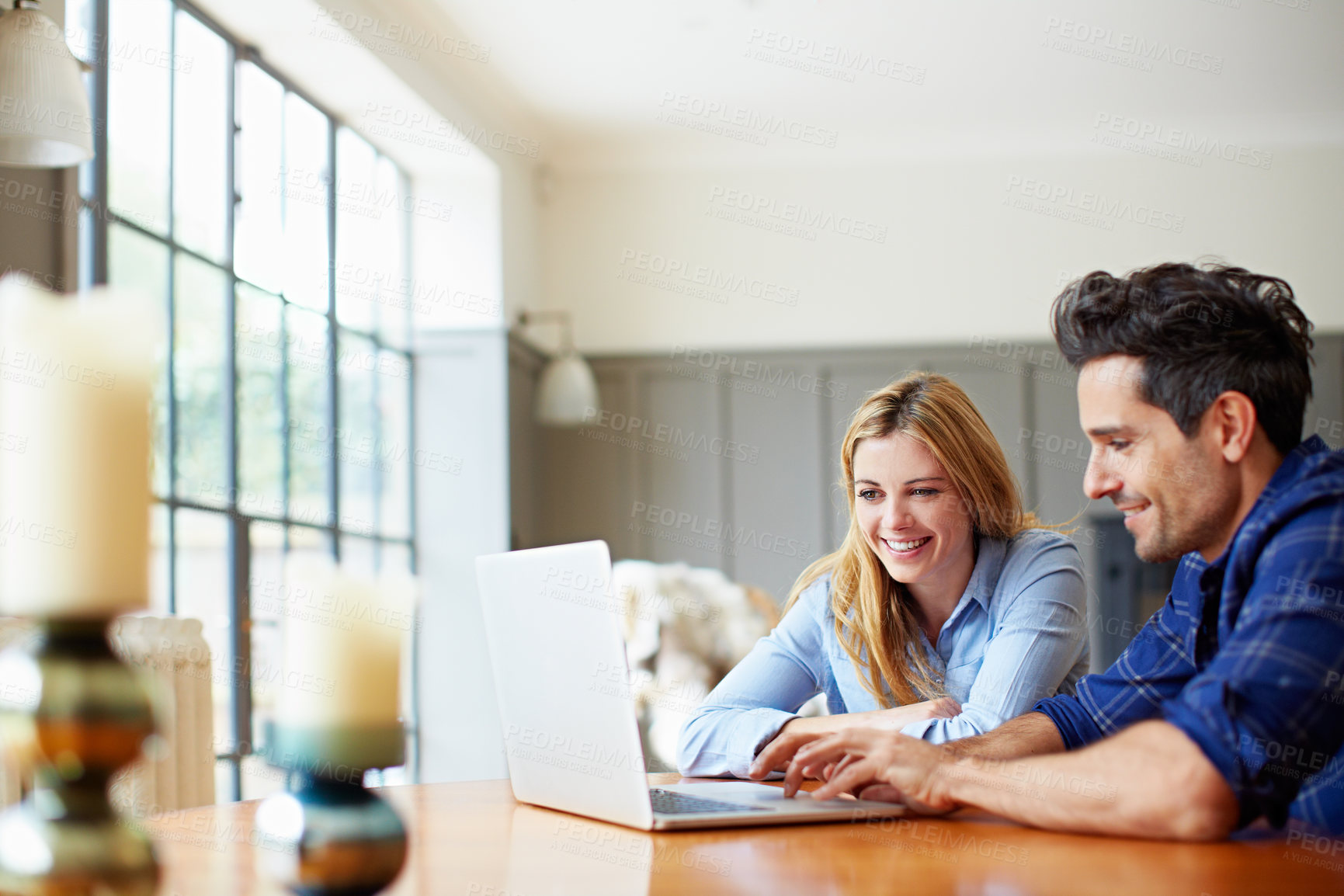 Buy stock photo Smile, laptop and couple in house for investment, wealth management and finance planning together. Computer, happy man and woman with financial assets growth, review budget and joint savings account