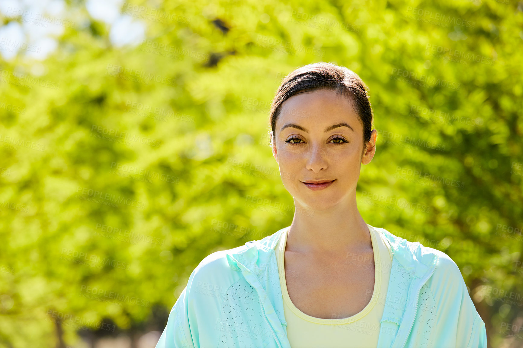 Buy stock photo Portrait, break or happy woman in park for running, fitness training or exercise health. Confident, space or female athlete runner with smile in nature for workout practice, outdoor jog and sports
