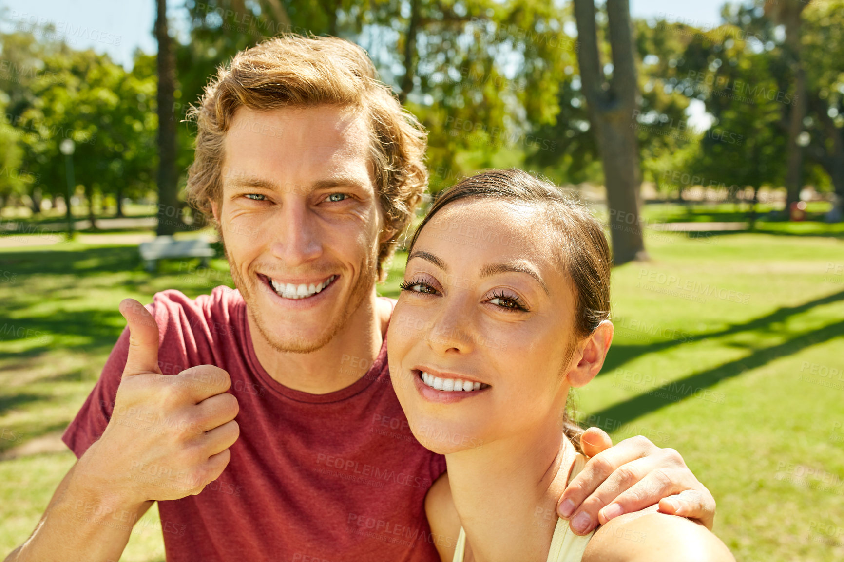 Buy stock photo Happy, thumbs up and portrait of couple with fitness in nature for exercise, bonding or wellness. Smile, sports and man with woman for approval hand gesture with workout, active or health outdoor.